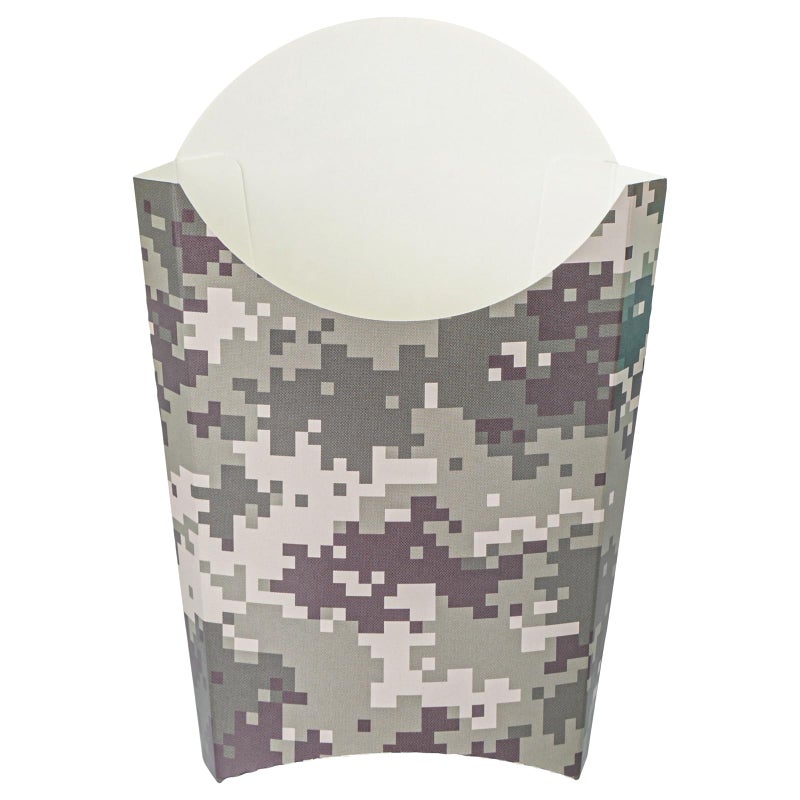 Restaurantware Bio Tek 4.7 x 3.5 x 5.1 Inch French Fry Cup 100 Disposable Snack Cups - Stackable Sustainable Camouflage Paper 4 Ounce Fry Holder For Fries Onion Rings Popcorn or Cookies - Image 2