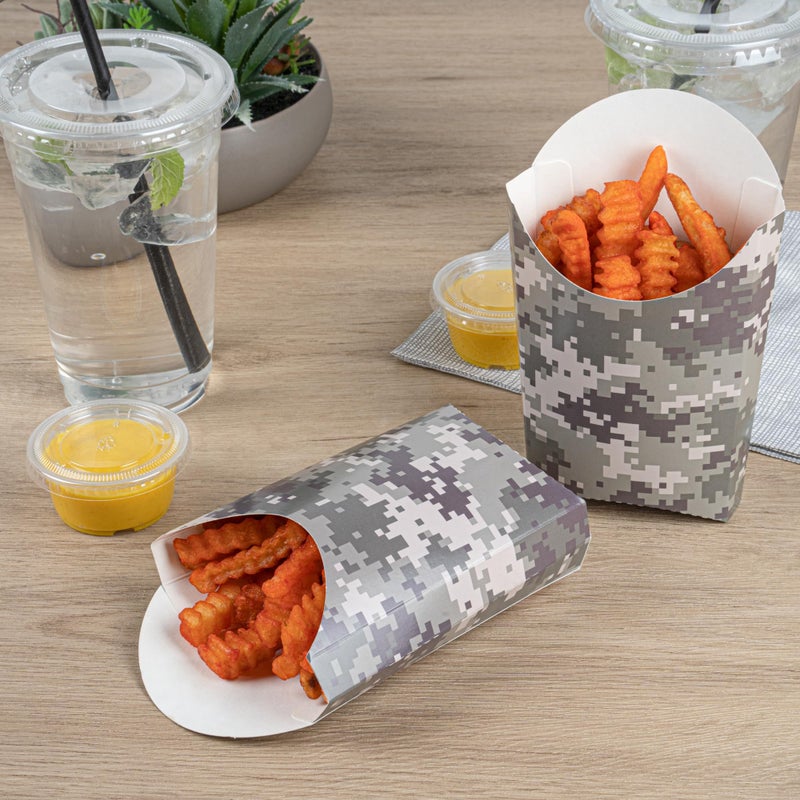 Restaurantware Bio Tek 4.7 x 3.5 x 5.1 Inch French Fry Cup 100 Disposable Snack Cups - Stackable Sustainable Camouflage Paper 4 Ounce Fry Holder For Fries Onion Rings Popcorn or Cookies - Image 4