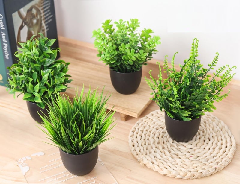 Dekorly® Artificial Potted Plants Mini Fake Plants, Small Eucalyptus Potted Faux Decorative Grass Plant with Black Plastic Pot for Home Decor, Indoor, Office, Desk, Table Decoration (Set of 4) - Image 3