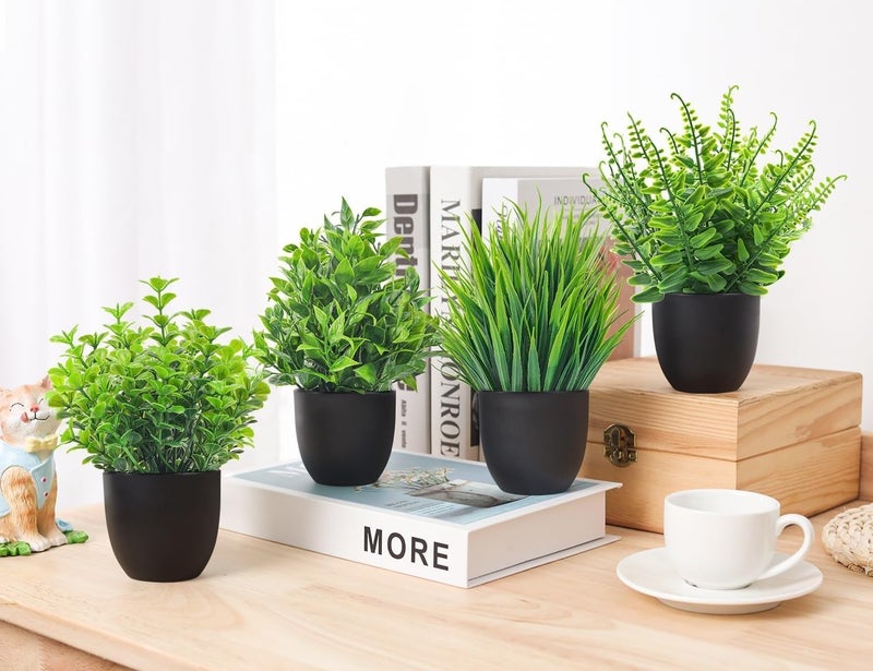 Dekorly® Artificial Potted Plants Mini Fake Plants, Small Eucalyptus Potted Faux Decorative Grass Plant with Black Plastic Pot for Home Decor, Indoor, Office, Desk, Table Decoration (Set of 4) - Image 2