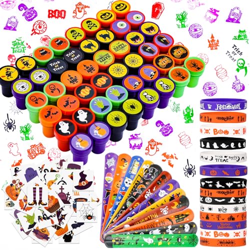 MGparty 288 Pack Halloween Party Favors Bulk Toys for Kids Tattoos Stamps Slap Bracelets Rubber Bracelets Halloween Pinata Stuffers TrickorTreat Goodie Bag Fillers Classroom Game Prizes - Image 1