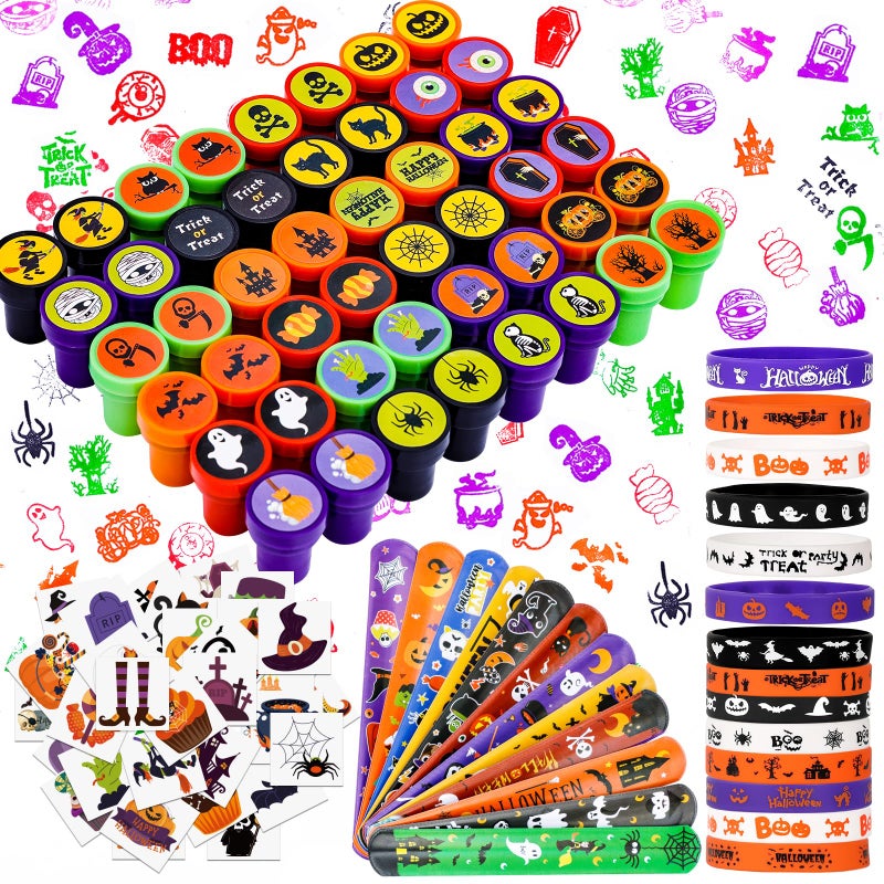 MGparty 288 Pack Halloween Party Favors Bulk Toys for Kids Tattoos Stamps Slap Bracelets Rubber Bracelets Halloween Pinata Stuffers TrickorTreat Goodie Bag Fillers Classroom Game Prizes - Image 2