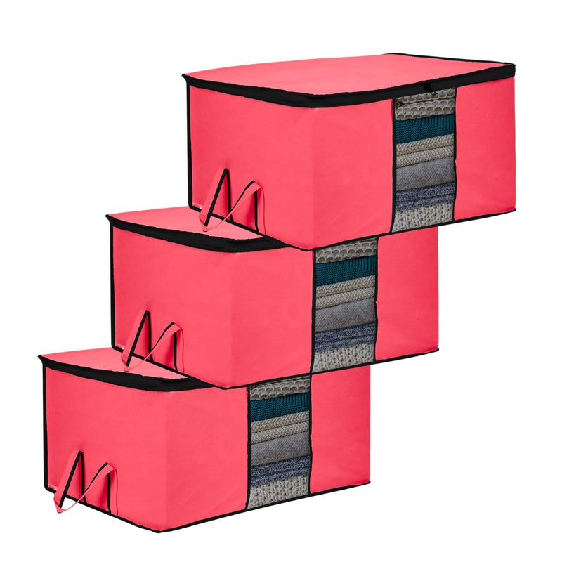 Kuber Industries Underbed Storage Bag Clothes Storage Bag Blanket Cover with Clear Window Zipper Closure Handle Cloth Organizer Plain Black Border Large Pack of 3 Pink - Image 1