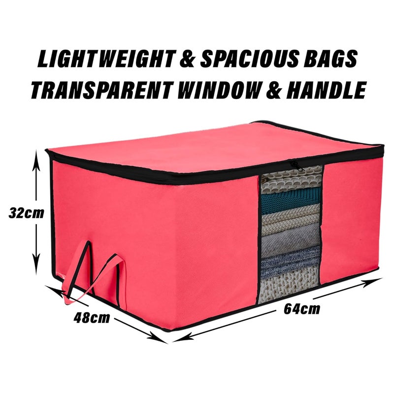 Kuber Industries Underbed Storage Bag Clothes Storage Bag Blanket Cover with Clear Window Zipper Closure Handle Cloth Organizer Plain Black Border Large Pack of 3 Pink - Image 3