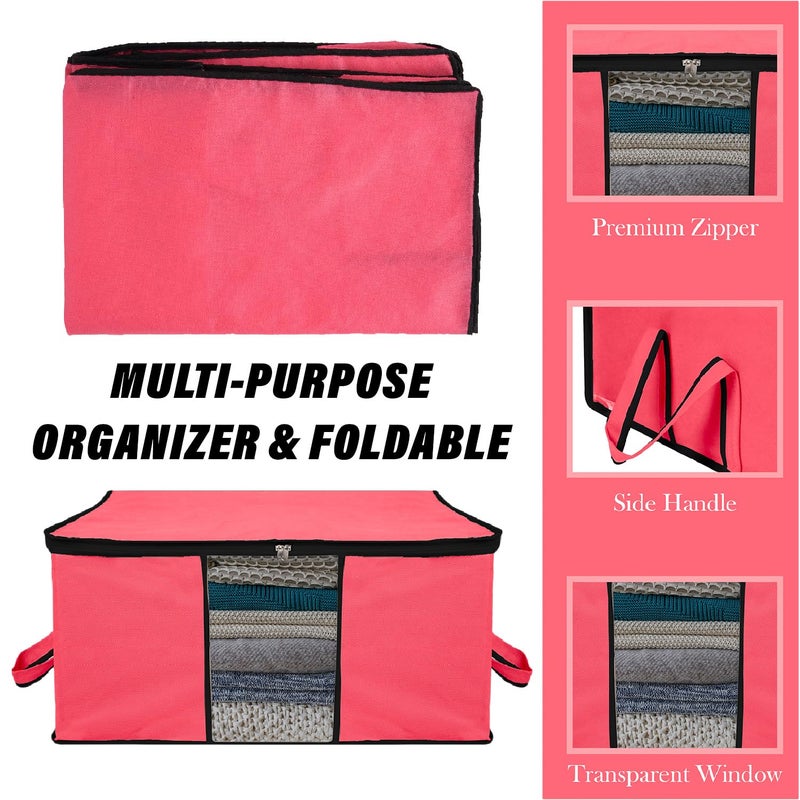 Kuber Industries Underbed Storage Bag Clothes Storage Bag Blanket Cover with Clear Window Zipper Closure Handle Cloth Organizer Plain Black Border Large Pack of 3 Pink - Image 4