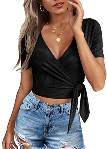 Glanzition Womens Summer Tops Unique Black Crop Top Casual Tie Up Deep V Neck Wrap Shirts S - Image 1