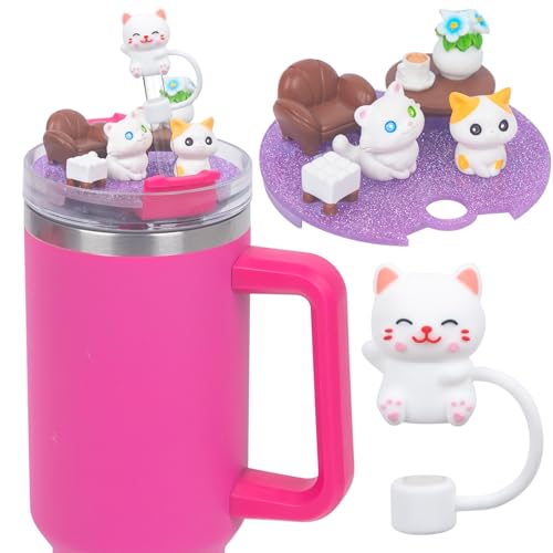 LA KEN DU Compatible with Stanley Cup Lid Accessories Charms, Charms for Stanley Cups H2.0 Accessories 30oz 40oz with Silicone Straw Cover Cap for Tumblers (Cat, 40oz) - Image 1