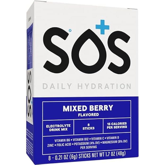SOS Hydration ORS Electrolyte Powder Stick Packs | Oral Rehydration Solution | Low Sugar | Rapid Rehydration | Made in USA | Keto | Mixed Berry | 8 Servings - Image 1