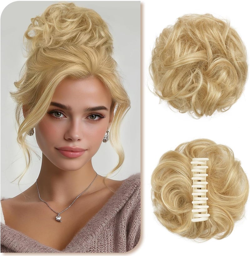 SOFEIYAN Claw Clip Messy Bun 100% Human Hair Buns Curly Hairpieces with Clip Real Hair Chignon Tousled Updo Scrunchie Hairpiece with Clips Hair Accessories for Women-Beige Blonde with Blonde Highlight - Image 1