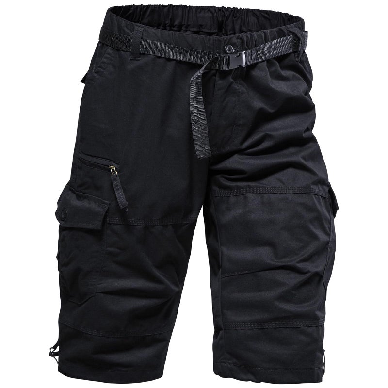 Mylldey Men's Cargo Shorts 3/4 Relaxed Fit Mens Running Shorts 7 Pockets Elastic Waist Cotton Hiking Shorts (Black, 4XL-B) - Image 1