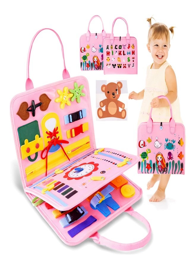 Wishkey Busy Board Activity Binder for Toddlers 1-4 Years Montessori Sensory Busy Book with 19 Motor Skill Activities Soft Felt Educational Learning Toy Travel Toy & Birthday Gift for Kids Pink - Image 1