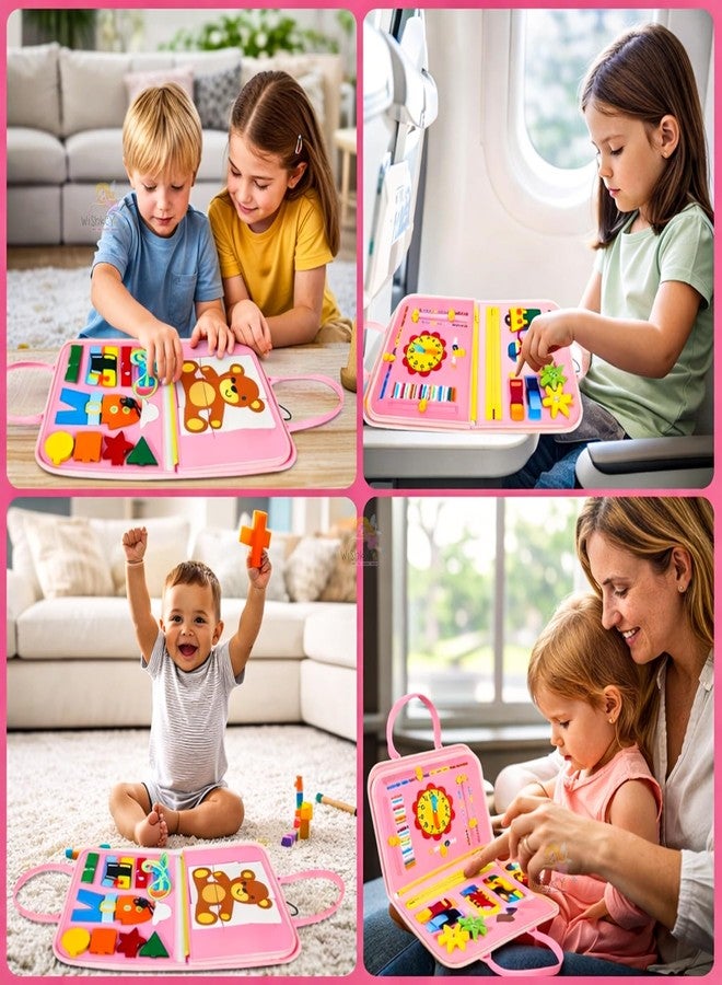 Wishkey Busy Board Activity Binder for Toddlers 1-4 Years Montessori Sensory Busy Book with 19 Motor Skill Activities Soft Felt Educational Learning Toy Travel Toy & Birthday Gift for Kids Pink - Image 3