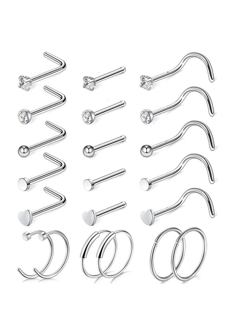 21 Pcs Nose Rings For Women Nose Piercings Jewelry Gold Nose Rings Hoops Stainless Steel Nose Studs Screw For Women Men Silver - Image 1