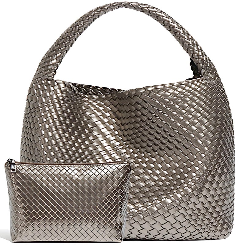 Geelyda Woven Bag for Women with Purse, Fashion Leather Tote Bag, Large Capacity Travel Handbag Retro Handmade Shoulder Commuter Bags - Image 1