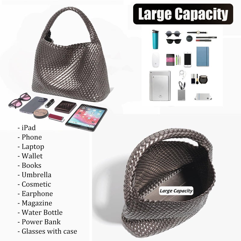 Geelyda Woven Bag for Women with Purse, Fashion Leather Tote Bag, Large Capacity Travel Handbag Retro Handmade Shoulder Commuter Bags - Image 3