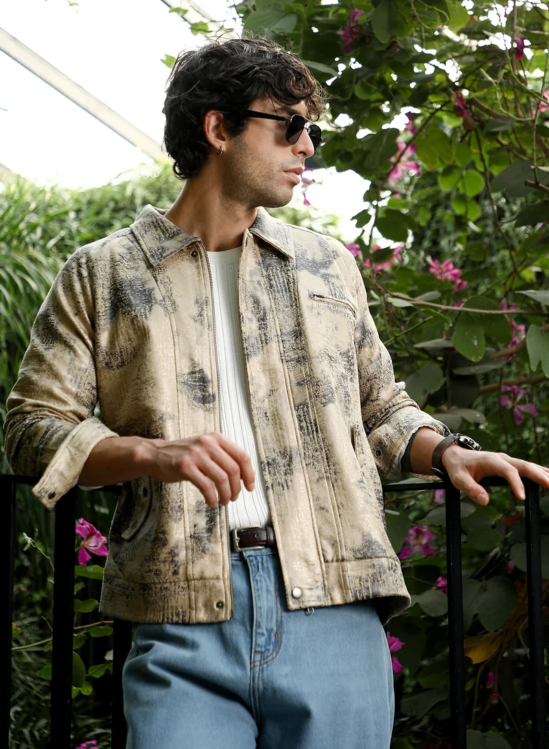 كامبوس سوترا Men Reptilia-Jacquard Bomber Jacket | Point Collar, Long Button-Cuff Sleeves | Zipper , Band-Straight Hem | Abstract Print Jacquard | Woven Fabric For Casual & Daily Wear | Bisque Beige