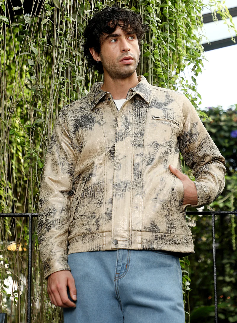 كامبوس سوترا Men Reptilia-Jacquard Bomber Jacket | Point Collar, Long Button-Cuff Sleeves | Zipper , Band-Straight Hem | Abstract Print Jacquard | Woven Fabric For Casual & Daily Wear | Bisque Beige