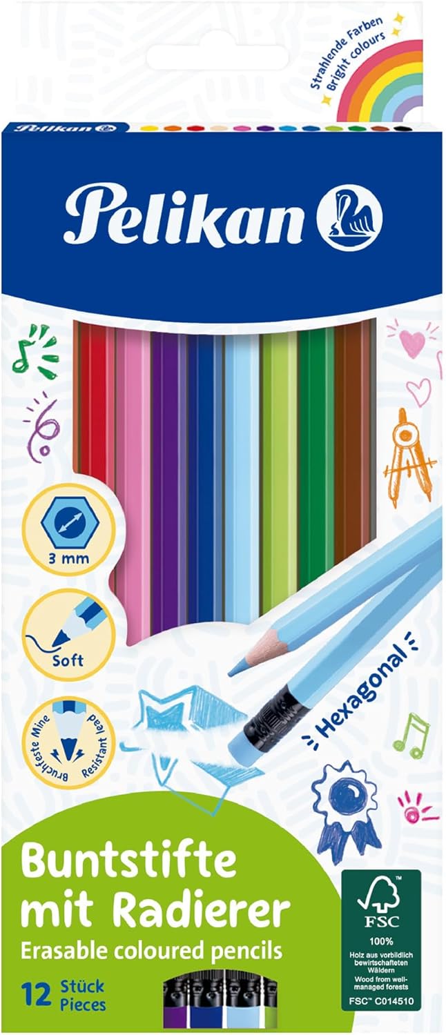 Pelikan Erasable Hexagonal Coloured Pencils, 12 Bright Colors with Built-In Erasers, 3mm Break-Resistant Lead for Kids