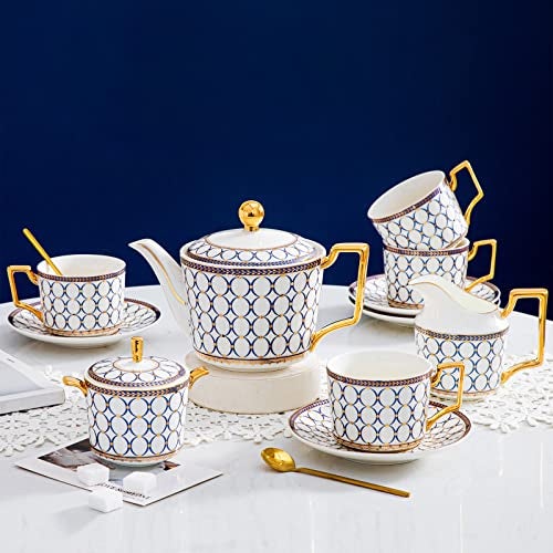 CwlwGO-15 Pieces Porcelain Tea Service Set for 4, Bone China Coffee Tea Sets,Tea Cup Set with Teapot, Sugar Bowl, Creamer Pitcher And Gifts Box, Britain Tea Cups and Saucer Sets For Women,Adults. - Image 1