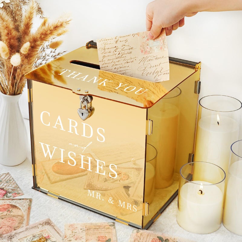 SOFARKKT Acrylic Gold Card Box with Slot & Lock, Metallic Golden Classy Wedding Card Boxes for Reception, Large Money Gift Cards Box for Party Engagement Bridal Shower Luxury Wedding Table Decor - Image 4