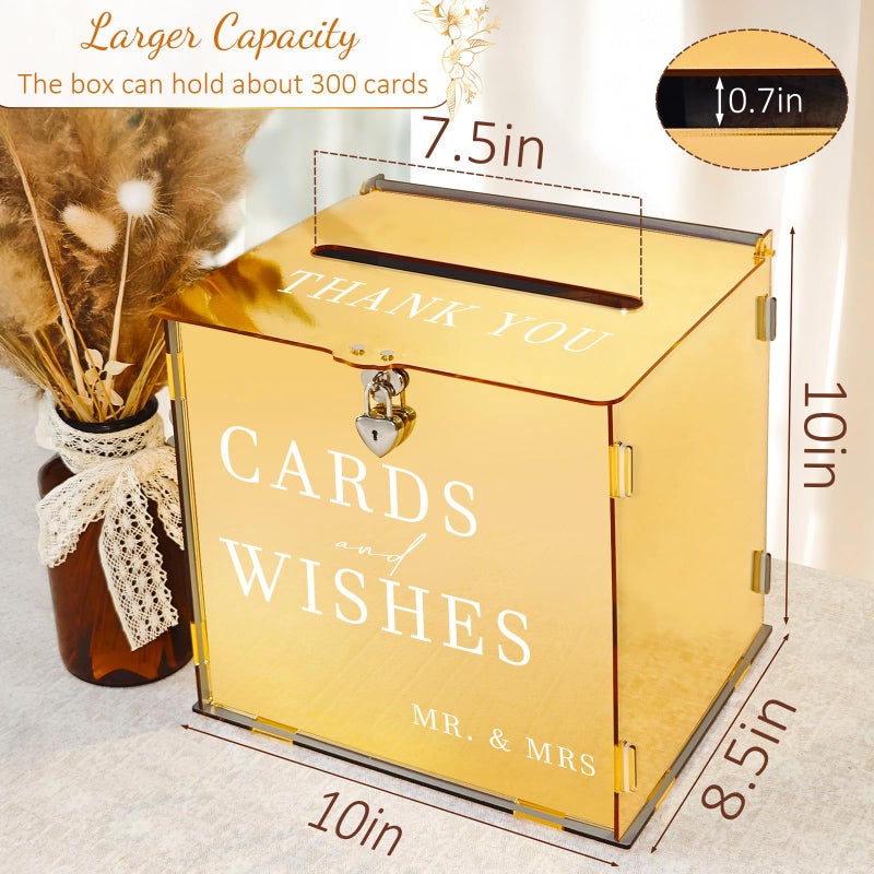 SOFARKKT Acrylic Gold Card Box with Slot & Lock, Metallic Golden Classy Wedding Card Boxes for Reception, Large Money Gift Cards Box for Party Engagement Bridal Shower Luxury Wedding Table Decor - Image 2