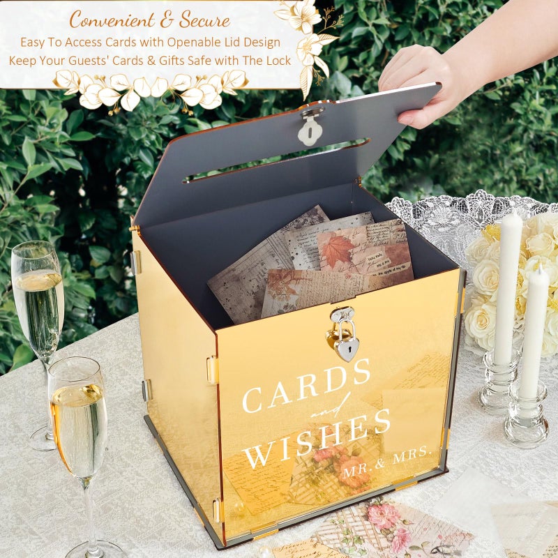 SOFARKKT Acrylic Gold Card Box with Slot & Lock, Metallic Golden Classy Wedding Card Boxes for Reception, Large Money Gift Cards Box for Party Engagement Bridal Shower Luxury Wedding Table Decor - Image 5
