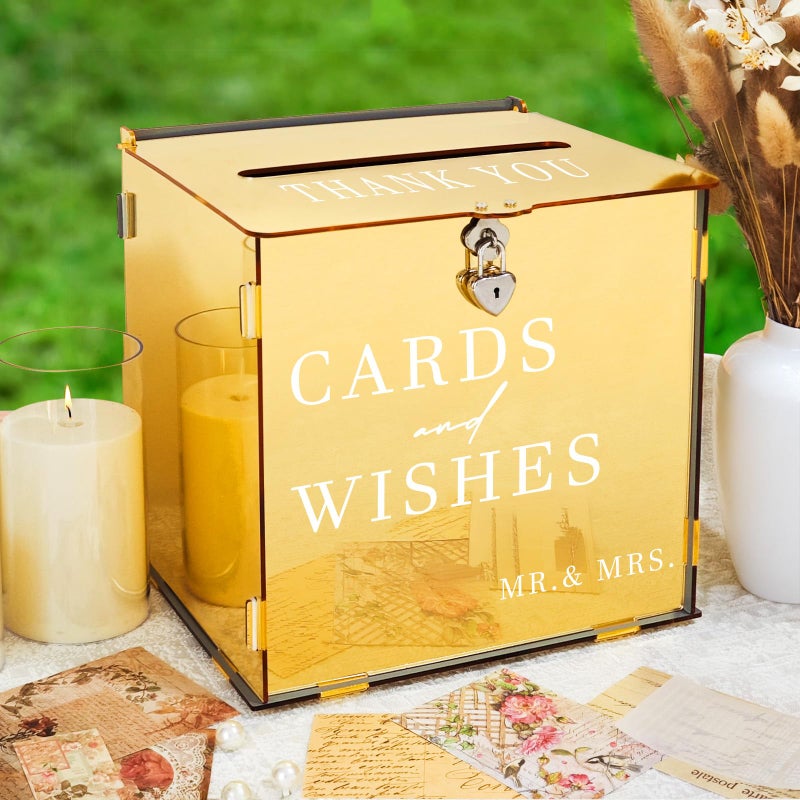 SOFARKKT Acrylic Gold Card Box with Slot & Lock, Metallic Golden Classy Wedding Card Boxes for Reception, Large Money Gift Cards Box for Party Engagement Bridal Shower Luxury Wedding Table Decor - Image 1