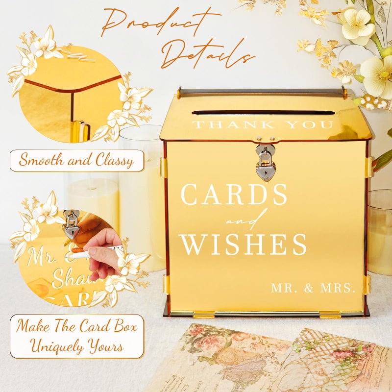SOFARKKT Acrylic Gold Card Box with Slot & Lock, Metallic Golden Classy Wedding Card Boxes for Reception, Large Money Gift Cards Box for Party Engagement Bridal Shower Luxury Wedding Table Decor - Image 3