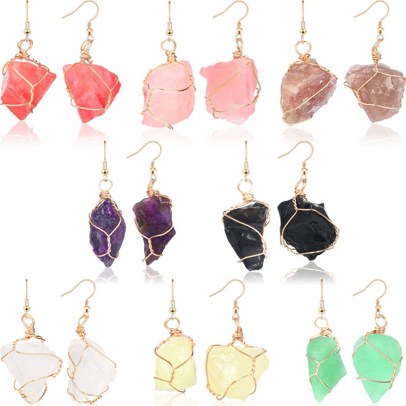 Sureio 8 Pairs Handmade Crystal Drop Earrings for Women Natural Raw Amethyst Dangling Earrings Healing Crystals Earrings Sets (Novel Style) - Image 1