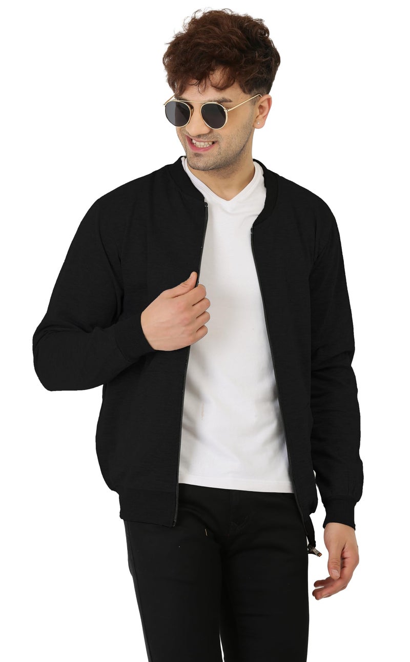 LEOTUDE CASUAL JACKET For Men's Loopknit Full Sleeve Regular Fit Solid Bomber Jacket (Color Black) - Image 2