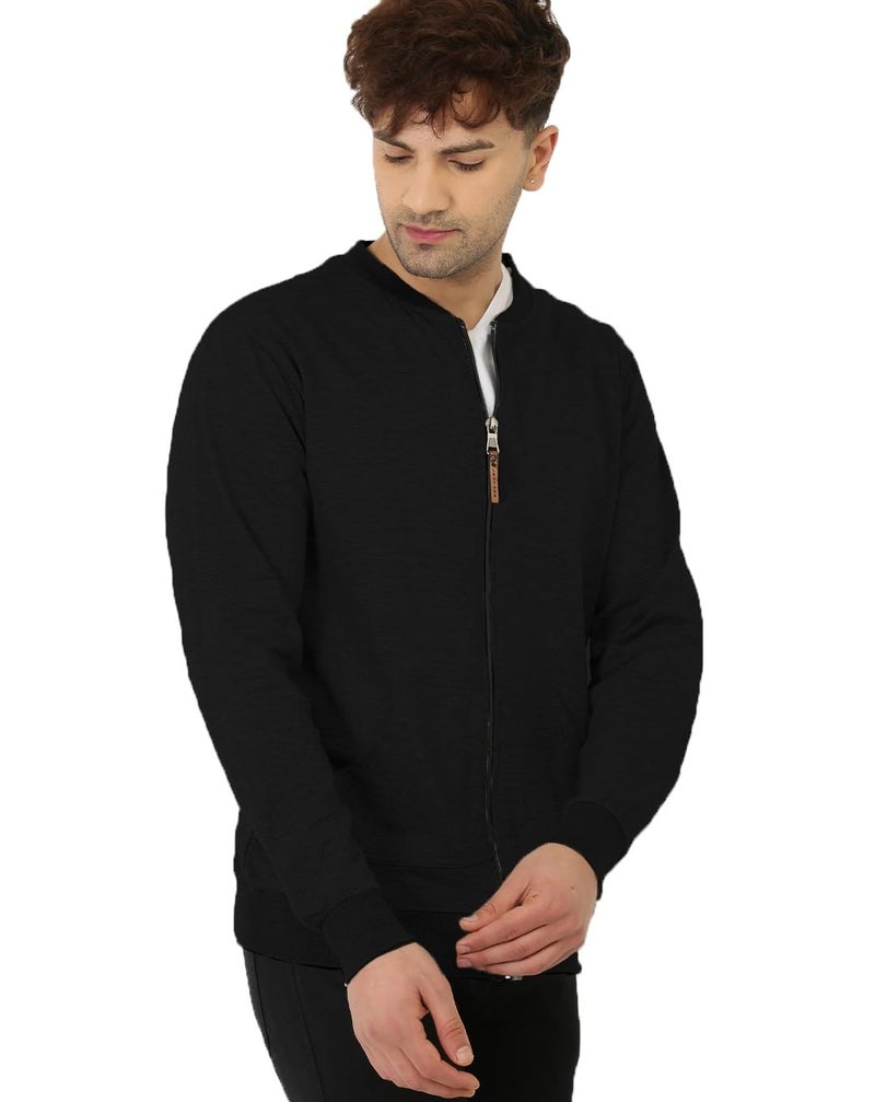 LEOTUDE CASUAL JACKET For Men's Loopknit Full Sleeve Regular Fit Solid Bomber Jacket (Color Black) - Image 3