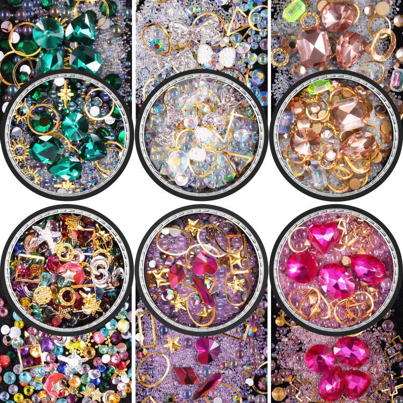 editTime 6 Wheels Mixed Sparkle Nail Art Rhinestones Diamonds Crystals Butterfly Beads Artificial Pearls Gold Silver Nail Studs Gems Metal Hollow Rivets Charms (Micro Caviar Beads kit) - Image 1