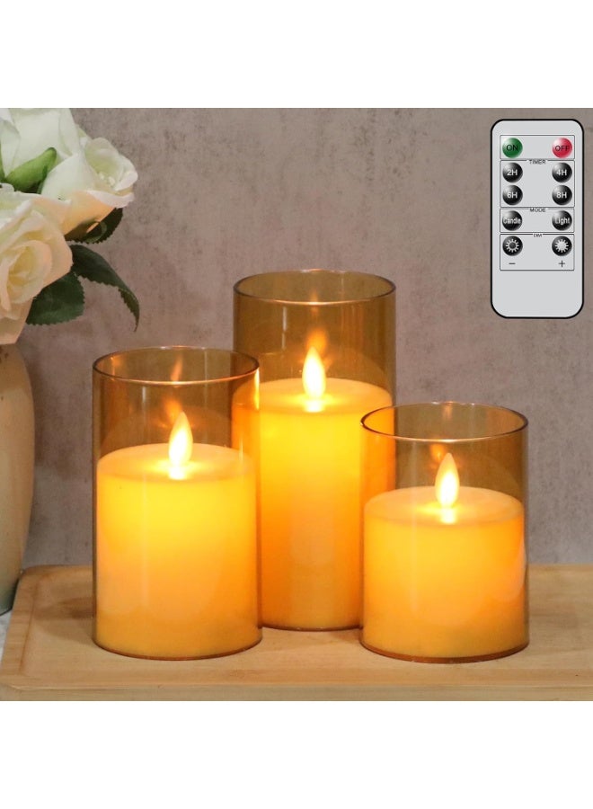 Arabest Glass Flamless Flickering Candles with Remote and Timer, Battery Operated Moving Wick Candles Plastic LED Pillar Candle for Dinner Wedding Holiday Decor (3Pcs, Gold) - Image 1