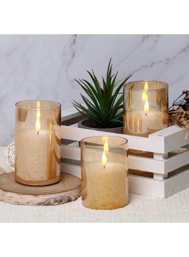 Arabest Glass Flamless Flickering Candles with Remote and Timer, Battery Operated Moving Wick Candles Plastic LED Pillar Candle for Dinner Wedding Holiday Decor (3Pcs, Gold) - Image 3
