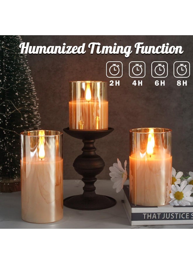 Arabest Glass Flamless Flickering Candles with Remote and Timer, Battery Operated Moving Wick Candles Plastic LED Pillar Candle for Dinner Wedding Holiday Decor (3Pcs, Gold) - Image 5