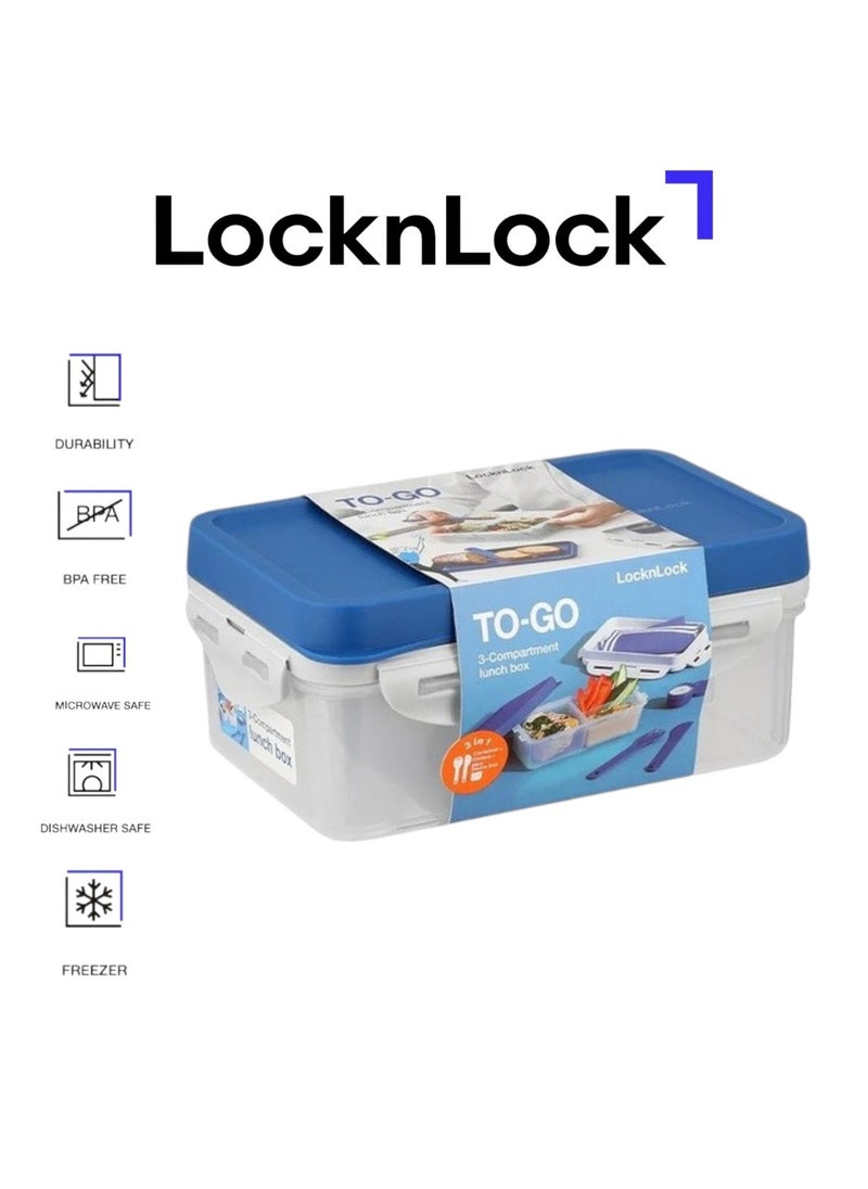LOCK & LOCK LocknLock To Go 3-in-1 Lunchbox (Blue) - BPA-Free, Airtight Container with Cutlery for On-the-Go Meals  - Image 1