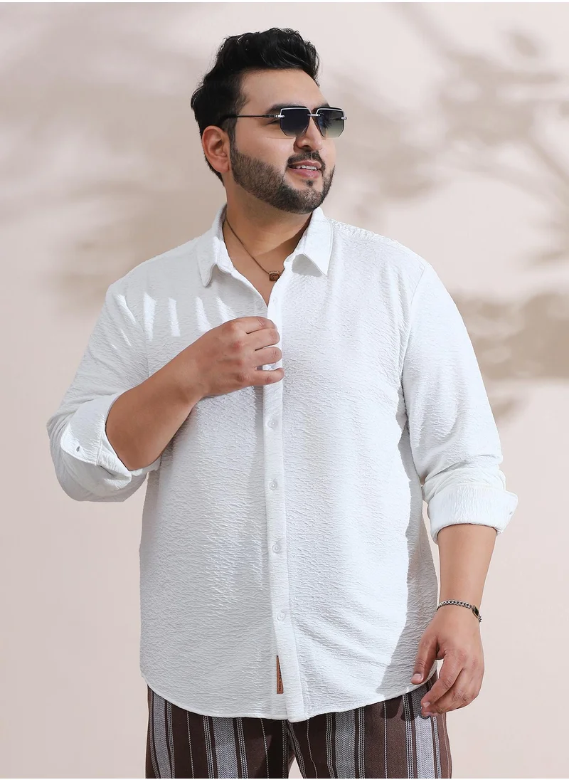 انستافاب بلس Instafab Plus Men's Cream White Surf-Tactile Shirt For Casual Wear | Spread Collar | Long Cuffed Sleeves | Button Closure | Plus Size Shirt Crafted With Comfort Fit For Everyday Wear