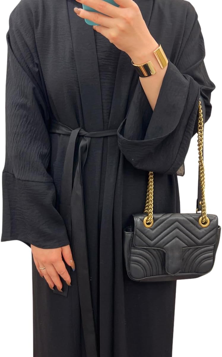 Khalat 2PCS Women's Muslim Abaya Dress Set - Black Maxi Dress with Cardigan and Belt - Image 4