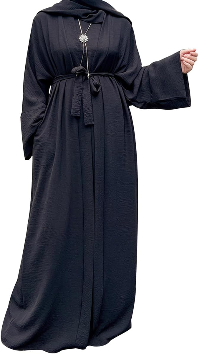 Khalat 2PCS Women's Muslim Abaya Dress Set - Black Maxi Dress with Cardigan and Belt - Image 2