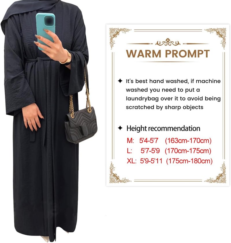 Khalat 2PCS Women's Muslim Abaya Dress Set - Black Maxi Dress with Cardigan and Belt - Image 3