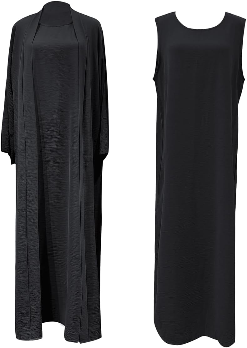Khalat 2PCS Women's Muslim Abaya Dress Set - Black Maxi Dress with Cardigan and Belt - Image 5