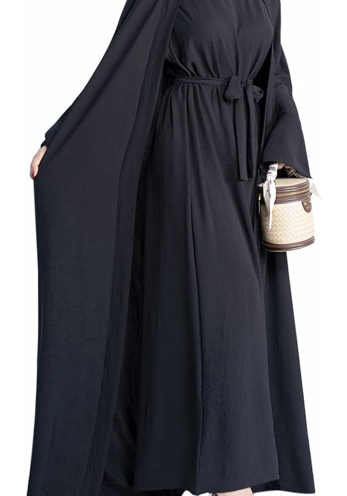 Khalat 2PCS Women's Muslim Abaya Dress Set - Black Maxi Dress with Cardigan and Belt - Image 1