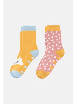 Tchibo Toddlers Girl 2 Pair Printed Socks, Yellow  - Image 2