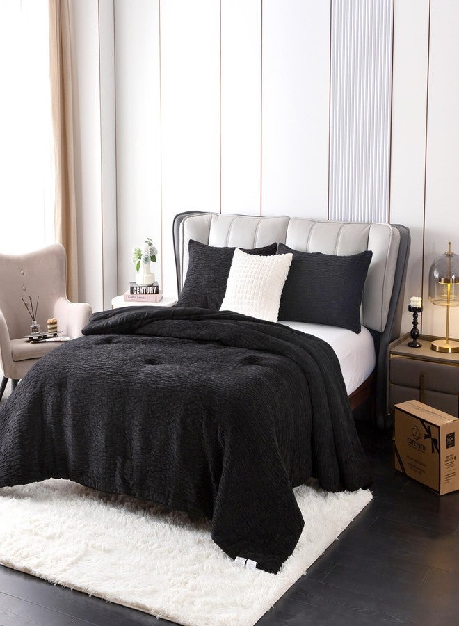COTTEBED Reversible Chenille Cotton Twin Comforter Set, Luxury Textured Stripe Soft Modern Bedding Down Comforter for Kid Children Teen Boy College Dorm, Lightweight All Season (Black,Twin/Twin XL) - Image 2