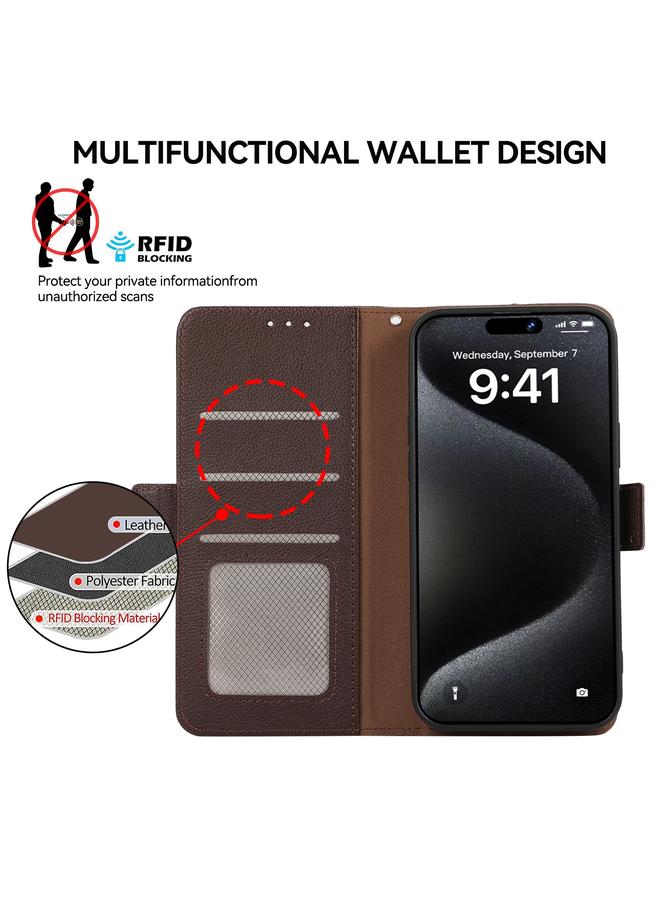 اس-توب جراب هاتف iPhone 13 ABEEL من الجلد بنمط الليتشي المغناطيسي الجانبي بتقنية RFID - Image 4