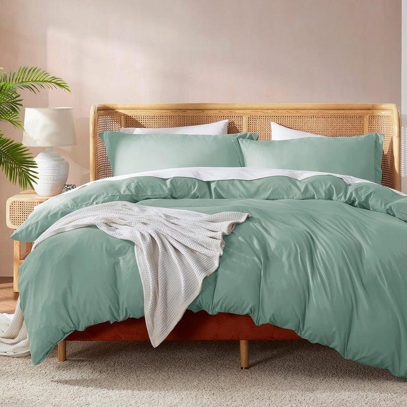 Nestl مجموعات غطاء لحاف Nestl Green California King - غلاف لحاف كالينج ناعم مزدوج Cal King 3 قطعة مع إغلاق زر 1 غطاء لحاف 104x98 بوصات و 2 وسادة شام  - Image 1