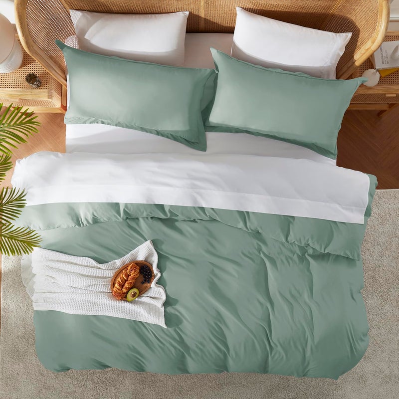 Nestl مجموعات غطاء لحاف Nestl Green California King - غلاف لحاف كالينج ناعم مزدوج Cal King 3 قطعة مع إغلاق زر 1 غطاء لحاف 104x98 بوصات و 2 وسادة شام  - Image 5