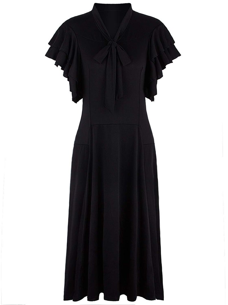 Vijiv Women's Vintage 1920s Black Midi Flapper Dress V Neck Cut Sleeveless with Flutter Sleeves Bowknot Roaring 20s Great Gatsby Dresses Black Medium / US10-12 - Image 1