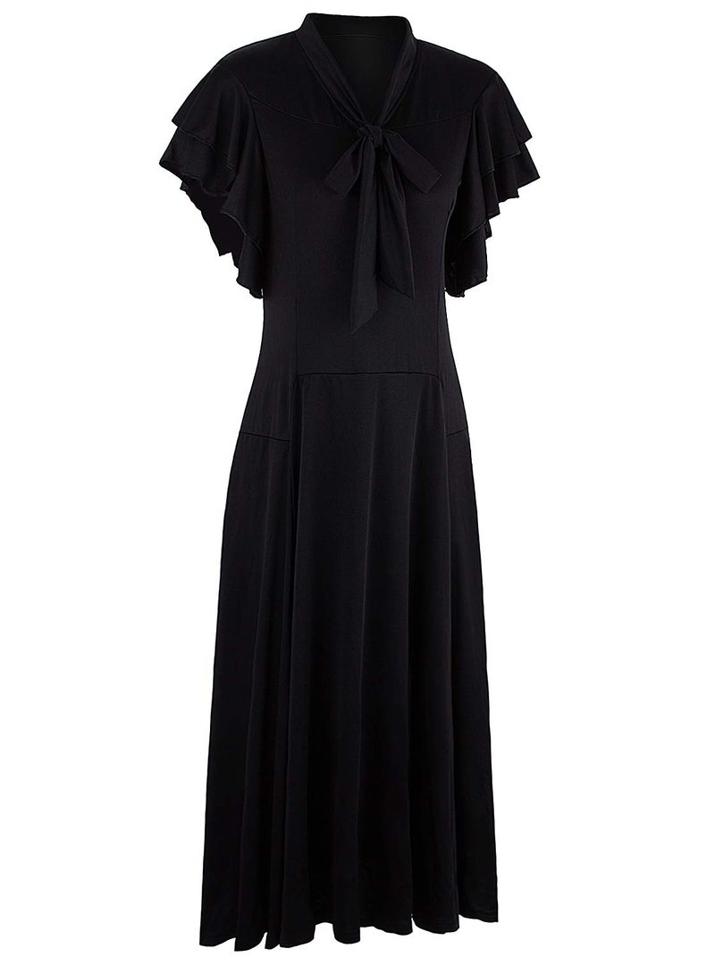 Vijiv Women's Vintage 1920s Black Midi Flapper Dress V Neck Cut Sleeveless with Flutter Sleeves Bowknot Roaring 20s Great Gatsby Dresses Black Medium / US10-12 - Image 2