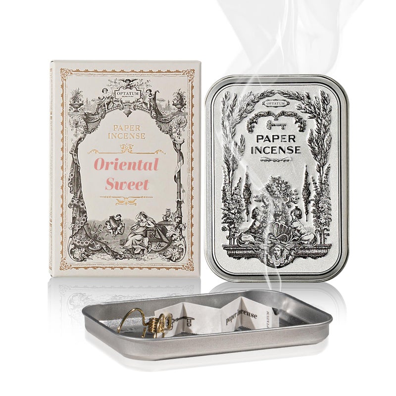 OPTATUM Paper Incense - 48pcs with Vintage Tin Case, Burning Papers Infused with Natural Essential Oils, Quick Usage & Long-Lasting Fragrance, Eliminating Bathroom, Kitchen, Pet Odors - Oriental Sweet - Image 1